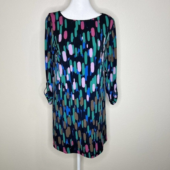 Tibi Black Abstract Colorful Strokes 3/4 Sleeve Stretchy Sheath Mini Dress XS - Picture 1 of 12